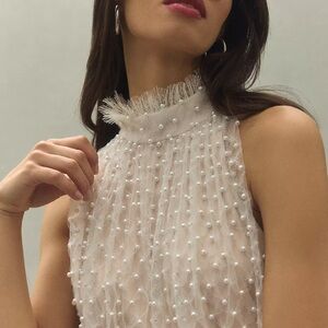 Tadashi Shoji Milena Allover Pearl Halter Mini Dress